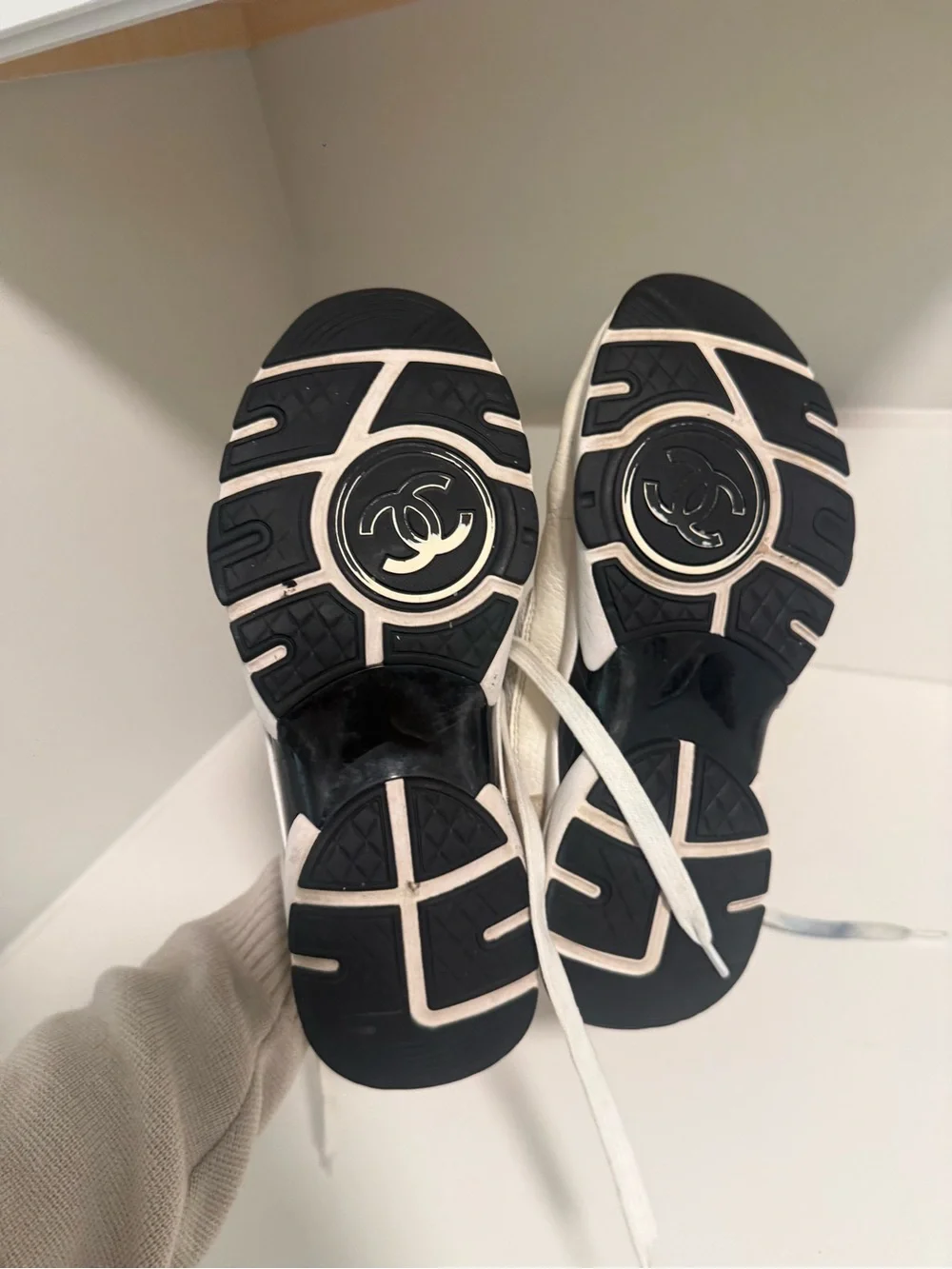 CHANEL White and Black Logo Women's Sneakers SIZE 38
